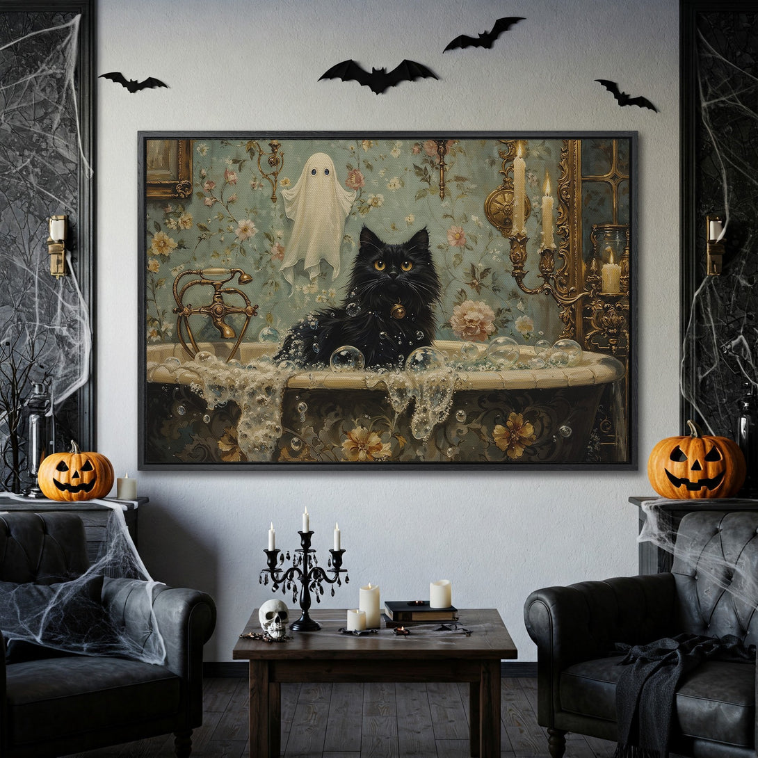 Framed Wall Art: Spooky Halloween scene featuring a black cat in a bathtub with a ghost. Vintage style, teal and gold color palette. Perfect for Halloween decor!