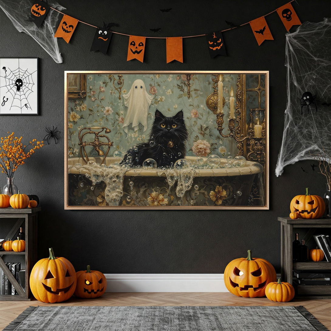 Framed Wall Art featuring a black cat in a vintage style bathtub, pastel floral background. Perfect for Halloween decor, framed in gold.