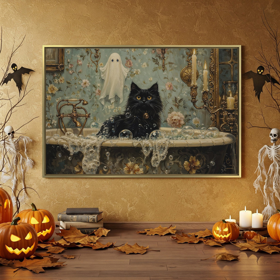Halloween-themed Canvas Print featuring a black cat in a bathtub. Vintage style with a teal and gold color palette, perfect for spooky season decor.