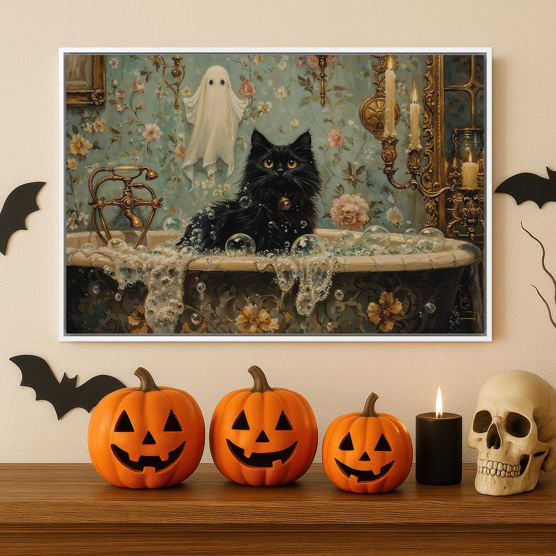 Framed Wall Art featuring a Halloween themed black cat in a bathtub, vintage style, with a teal and gold color palette.