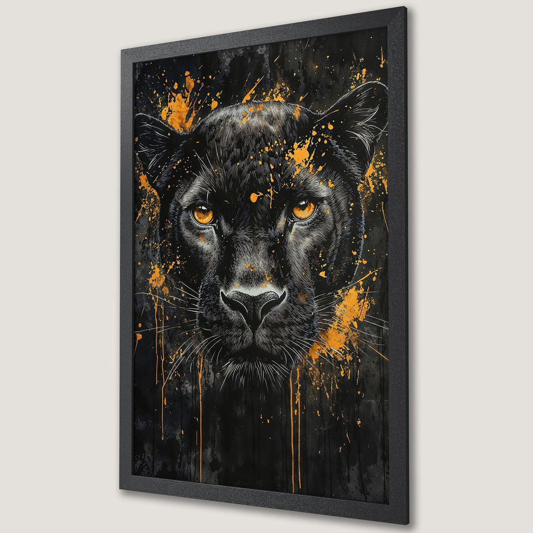Framed Poster featuring a black panther with orange accents. Modern art style, striking black and gold color palette. Perfect wall decor.