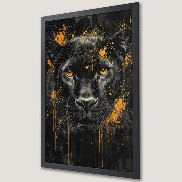 Framed Poster featuring a black panther with orange accents. Modern art style, striking black and gold color palette. Perfect wall decor.