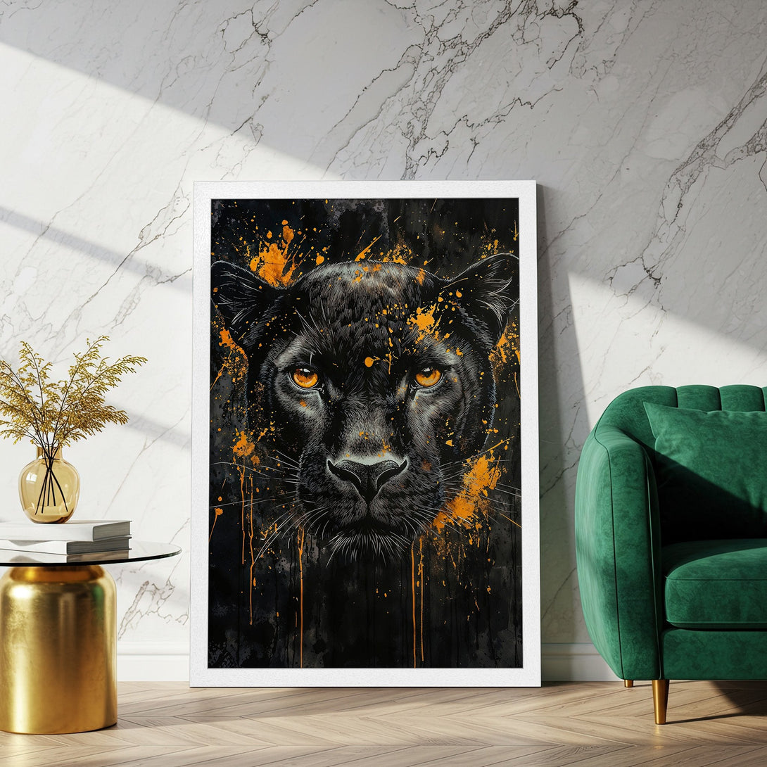 Framed Poster featuring a striking black panther portrait with orange accents, modern art style, dramatic black & gold color palette.