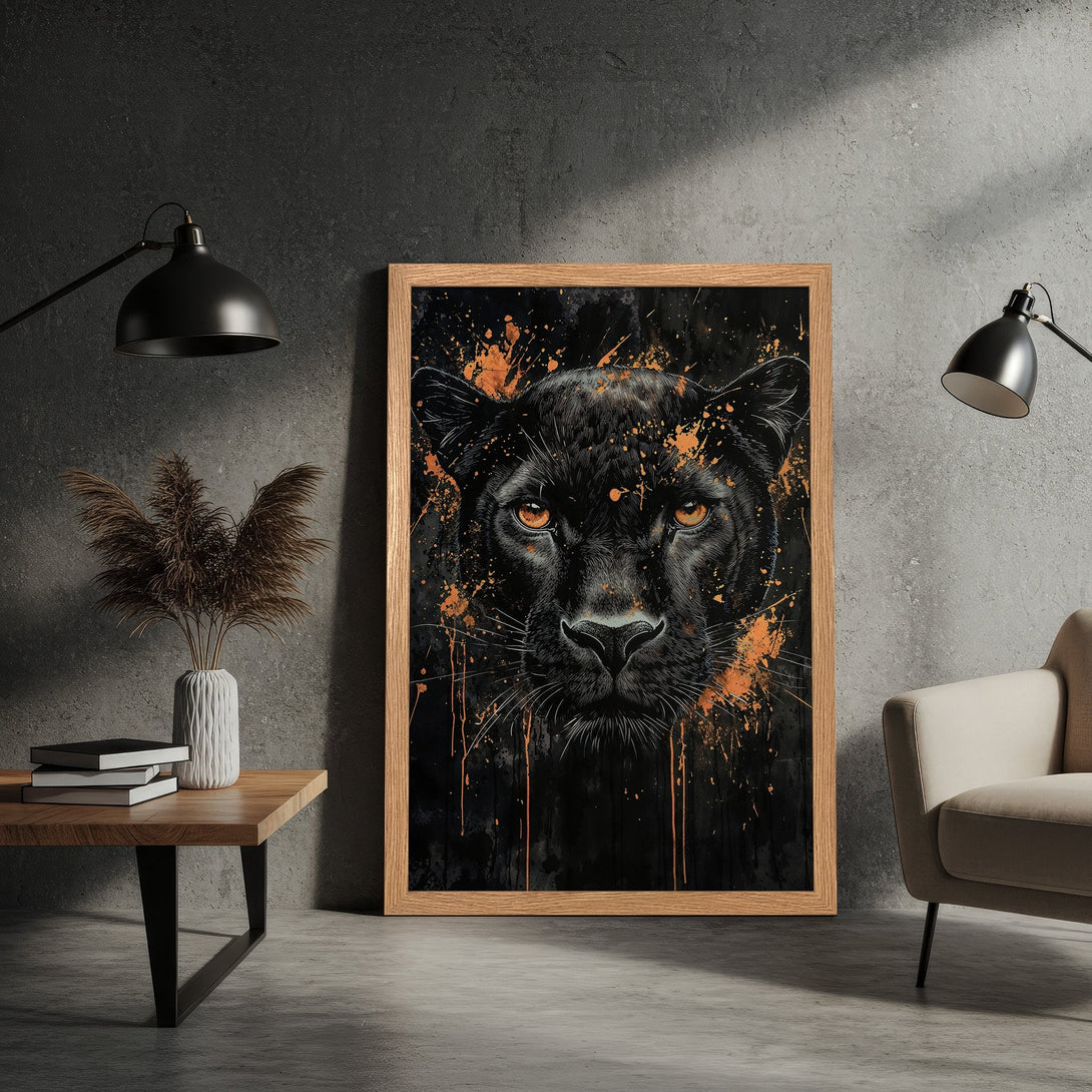 Framed Poster featuring a black panther portrait in a modern, splatter art style with a black and orange color palette. Perfect wall art!