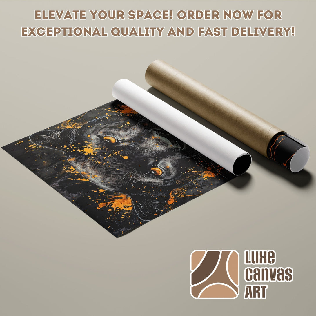 Poster Roll featuring a black panther art print with orange accents, perfect for wall decor.