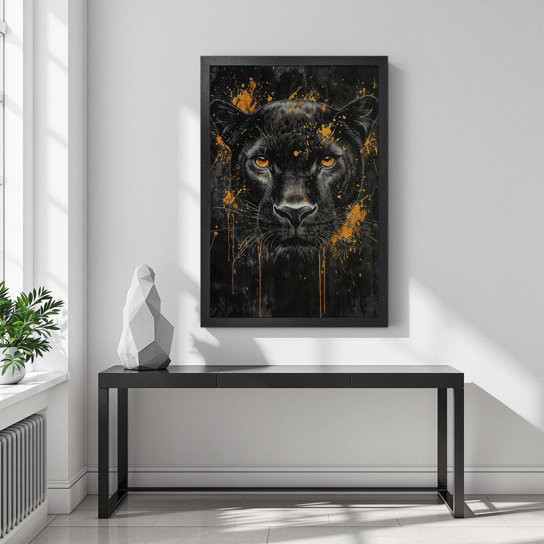 Framed Poster featuring a striking black panther art print with gold accents. Modern, stylish decor in black & gold color palette.
