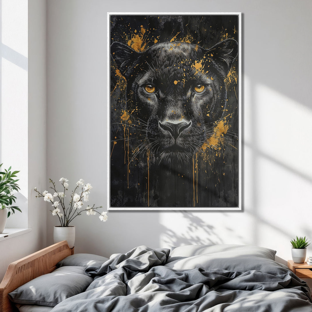 Framed Wall Art: Black panther portrait with gold accents. Modern canvas print in a bedroom setting. Dramatic black, gold, and neutral color palette.