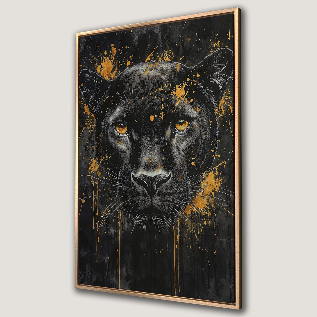 Framed Wall Art featuring a black panther portrait with gold accents. Dramatic, modern art with a black and gold color palette. Add a touch of wild to your home!