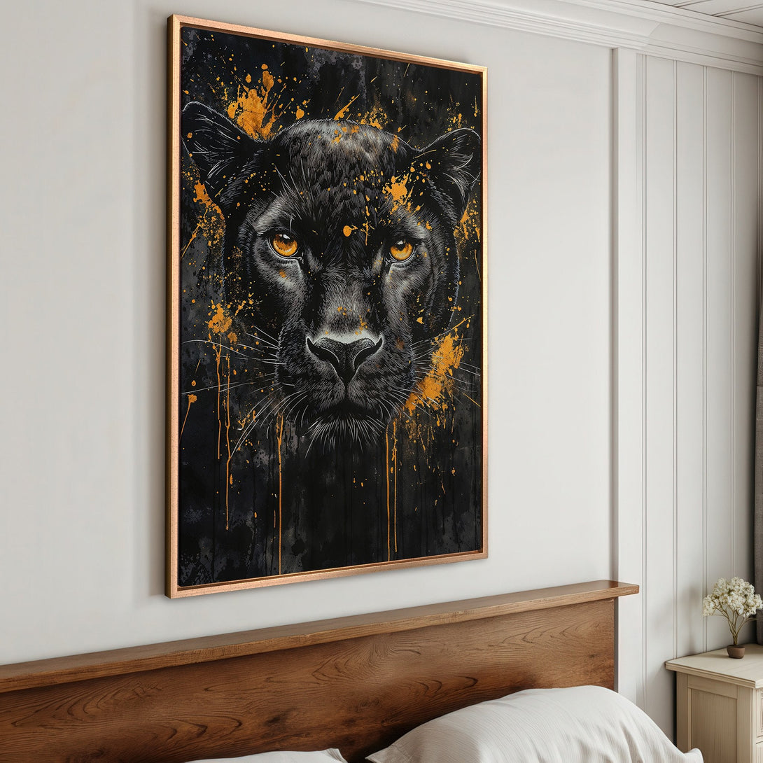 Framed Wall Art: Majestic black panther portrait with gold accents. Modern art canvas print with a dramatic black and gold color palette, perfect for any room.