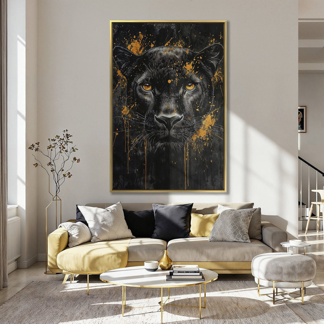 Canvas Print of a fierce black panther with gold accents. Modern art style, black and gold palette. Perfect wall decor for your home.