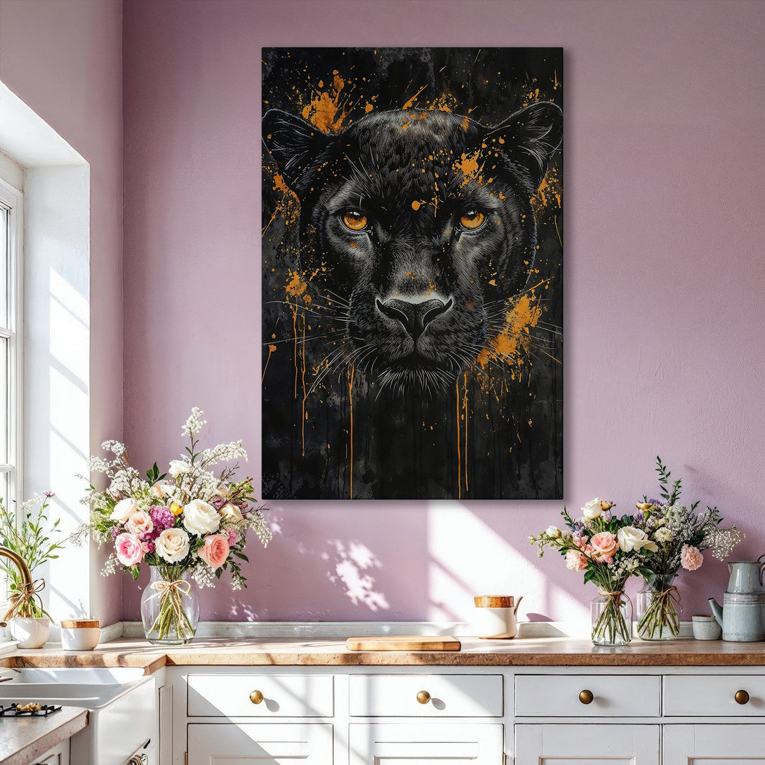 Framed Wall Art featuring a striking black panther portrait with gold accents. Modern, stylish art with a black, gold, and neutral color palette. Perfect for any interior.