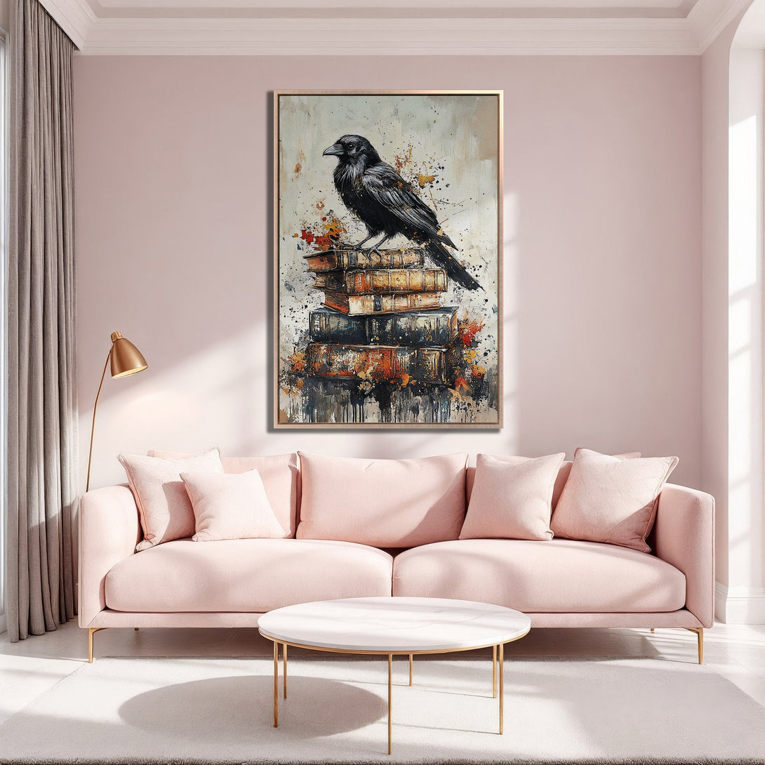 Framed Wall Art featuring a raven on books. Modern abstract style with a neutral and blush color palette. Perfect for living room decor.
