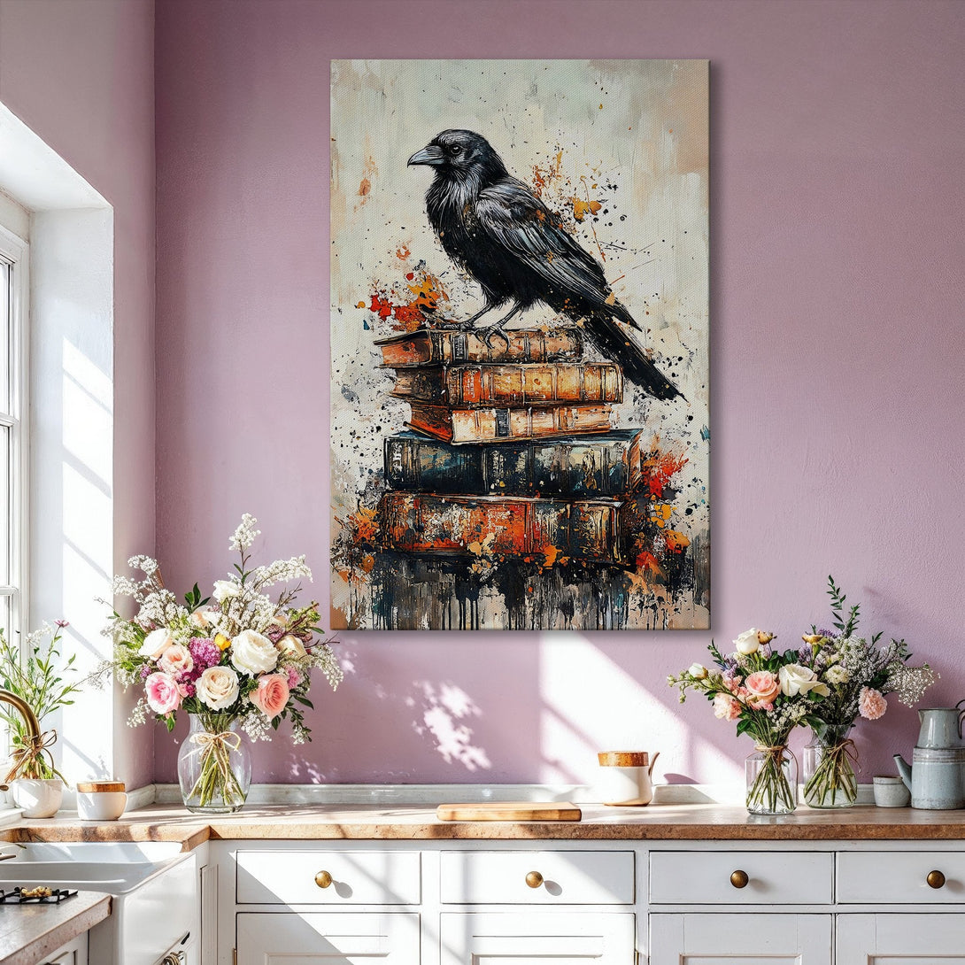 Framed Wall Art: Abstract raven perched on books, modern style, neutral and warm color palette. Perfect for living room decor. Shop now!