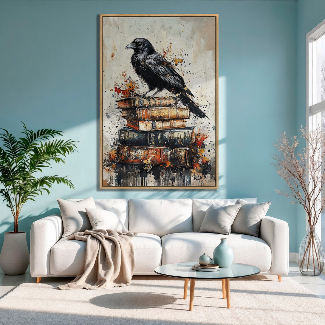 Framed Wall Art: Abstract raven on books, modern style with black, orange, and neutral tones. Perfect for living room decor.