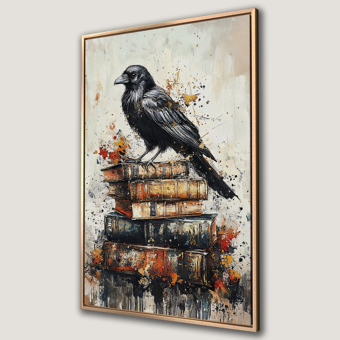 Framed Wall Art featuring a striking black raven perched on books. Abstract style with a warm, earthy color palette. Perfect for adding a touch of mystery to your decor.