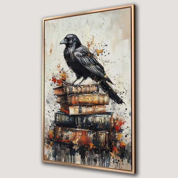 Framed Wall Art featuring a striking black raven perched on books. Abstract style with a warm, earthy color palette. Perfect for adding a touch of mystery to your decor.