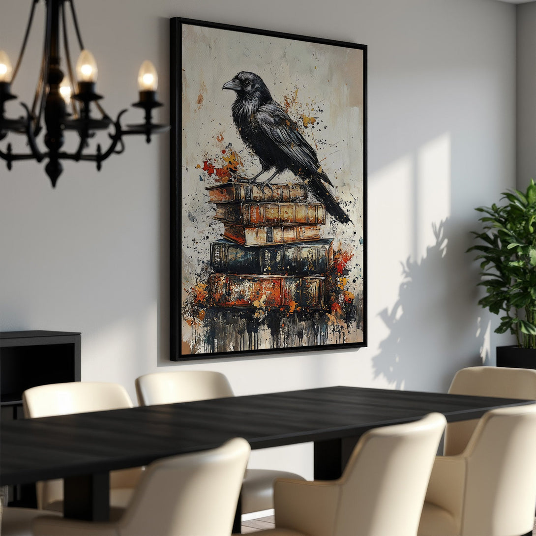 Framed Wall Art: Abstract raven perched on books. Modern art with a neutral and warm color palette. Perfect for dining room decor.
