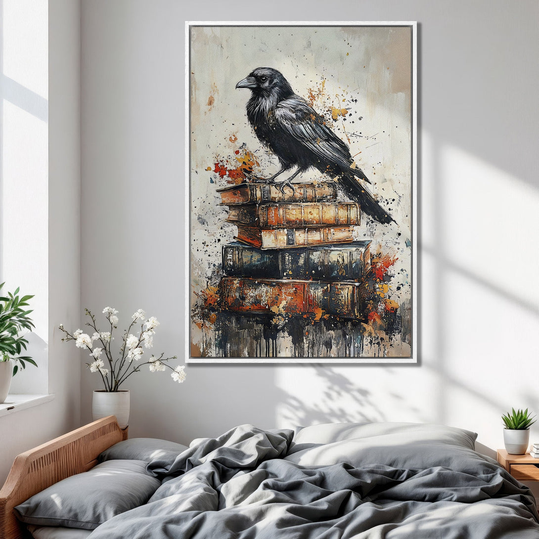 Framed Wall Art: Abstract raven perched on books. Modern, moody art with a neutral, warm color palette. Perfect bedroom decor.