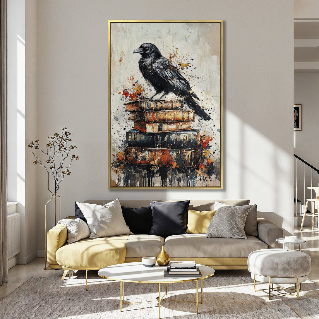 Canvas Print featuring a raven on books, abstract style, with a warm, earthy and black color palette. Perfect wall art for any room.