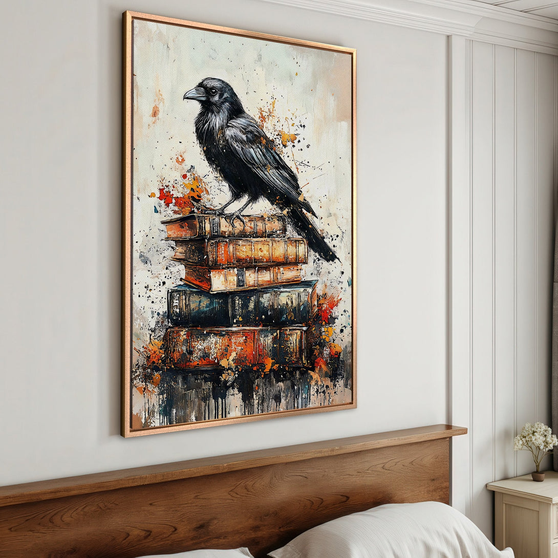 Framed Wall Art: Abstract raven perched on books. Artistic canvas print with a neutral background and a splash of orange and black. Perfect for home decor.