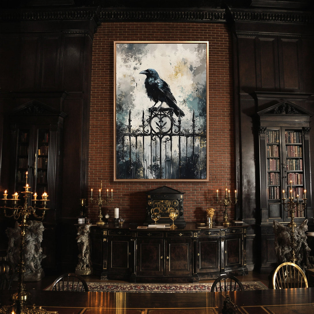 Framed Wall Art: Majestic deer canvas print in a luxurious living room. Features a dark, moody forest scene with warm gold and brown tones. Elevate your space!