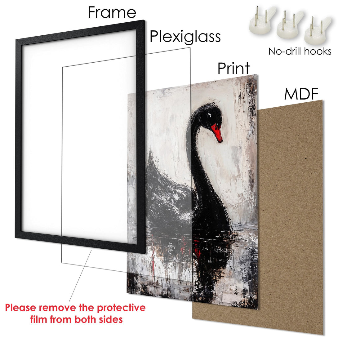 Framed Poster featuring a black swan abstract art print. Modern style with a monochrome color palette. Ready to hang!