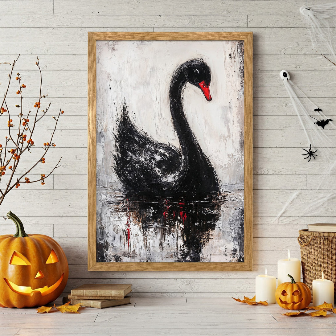 Framed Poster featuring a black swan in a modern, abstract style. Dramatic black, white, and red color palette for a spooky Halloween vibe.