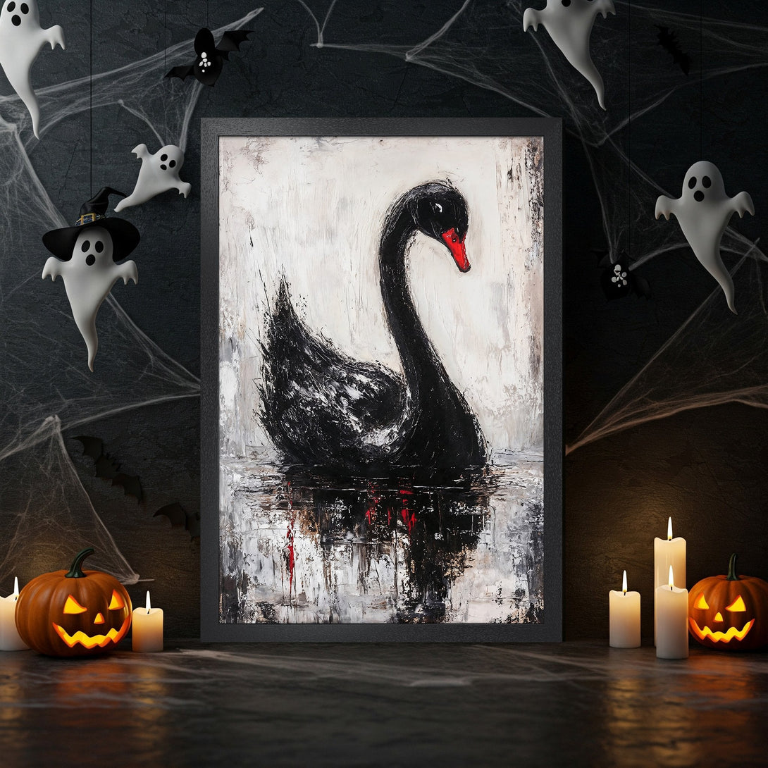 Framed Poster featuring a black swan painting in a Halloween setting. Abstract style with a black, white, and red color palette. Perfect wall art!