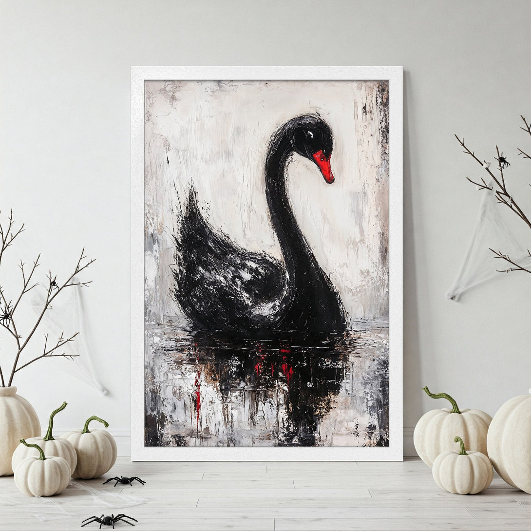 Framed Poster featuring a black swan in an abstract style, with a black, white, and red color palette. Perfect wall art!