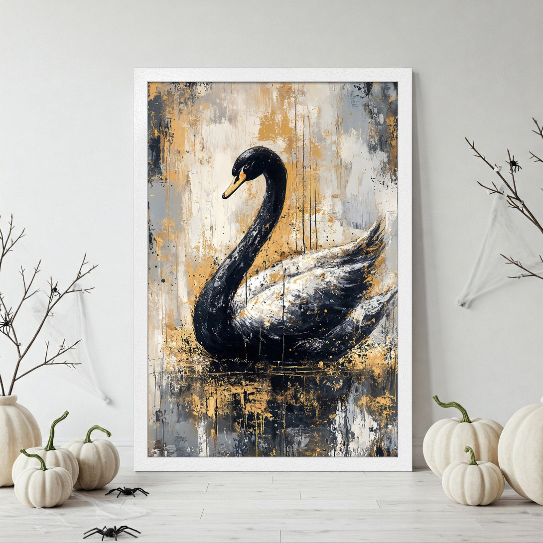 Framed Poster featuring a black swan in an abstract style, with a gold and gray color palette. Perfect wall art!