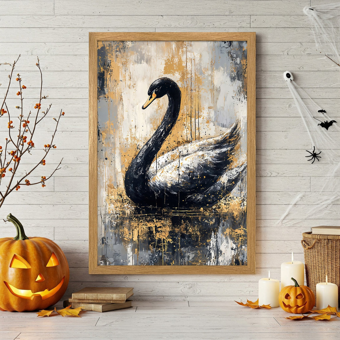 Framed Poster featuring a black swan in an abstract style with gold and gray tones. Perfect for Halloween decor.