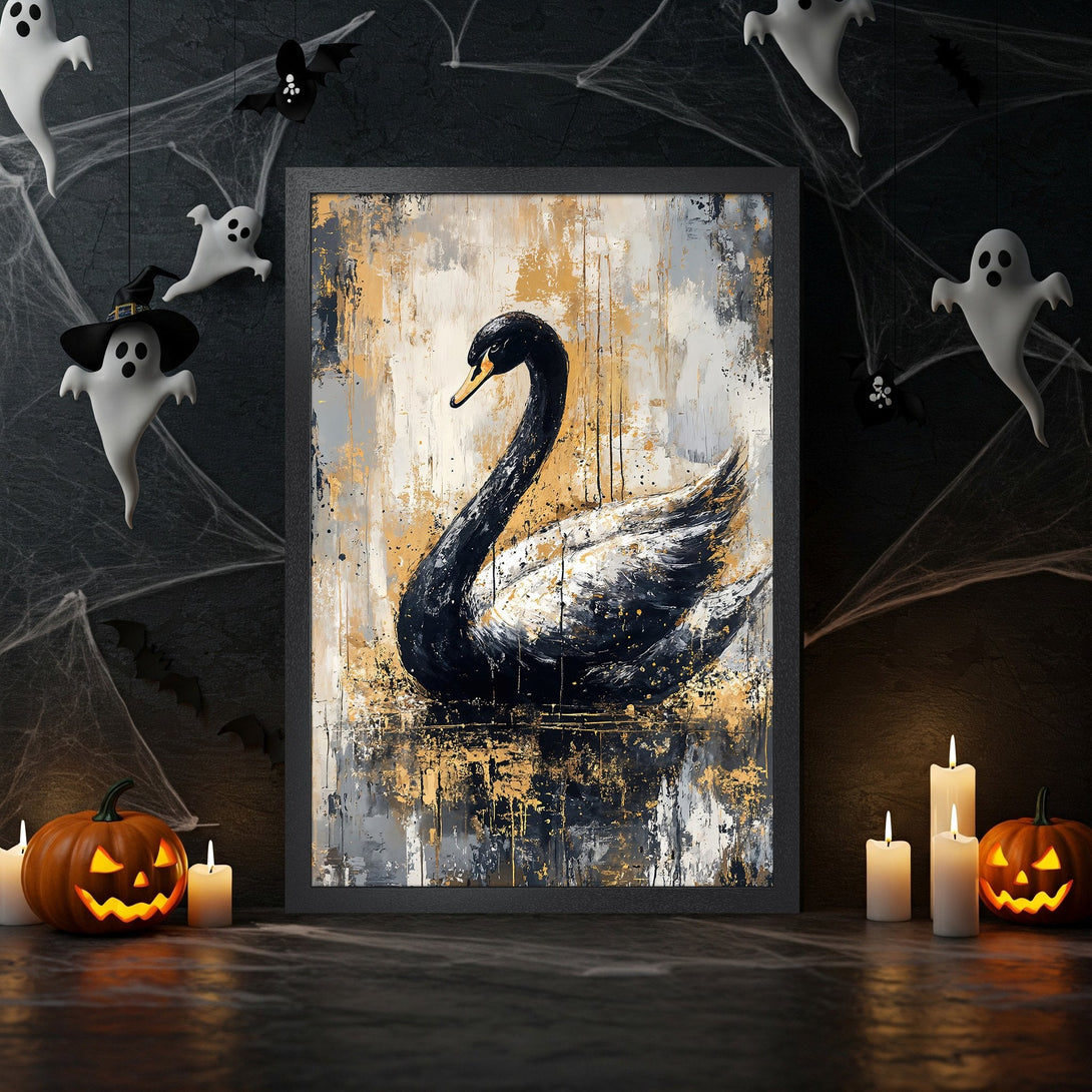 Framed Poster featuring a black swan art print. Abstract style with gold, black, and gray color palette. Perfect for Halloween decor.