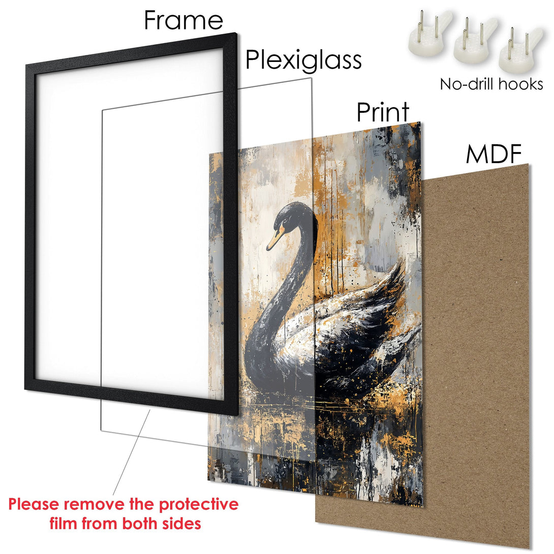 Framed Poster featuring a black swan in an abstract style with a gold and black color palette. Perfect wall art for your home!