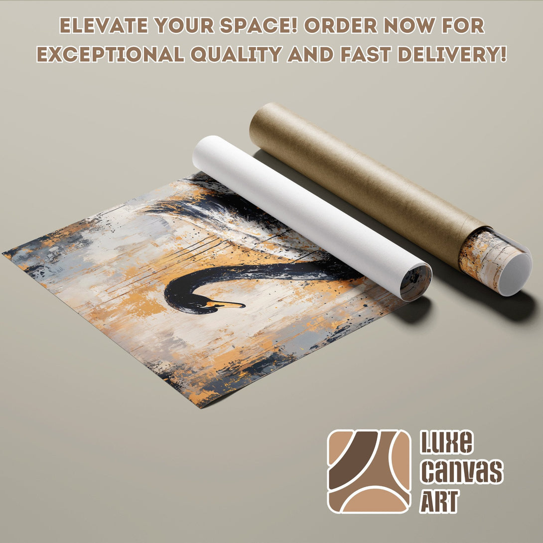 Poster Roll featuring a black swan in an abstract style, with a gold and gray color palette.
