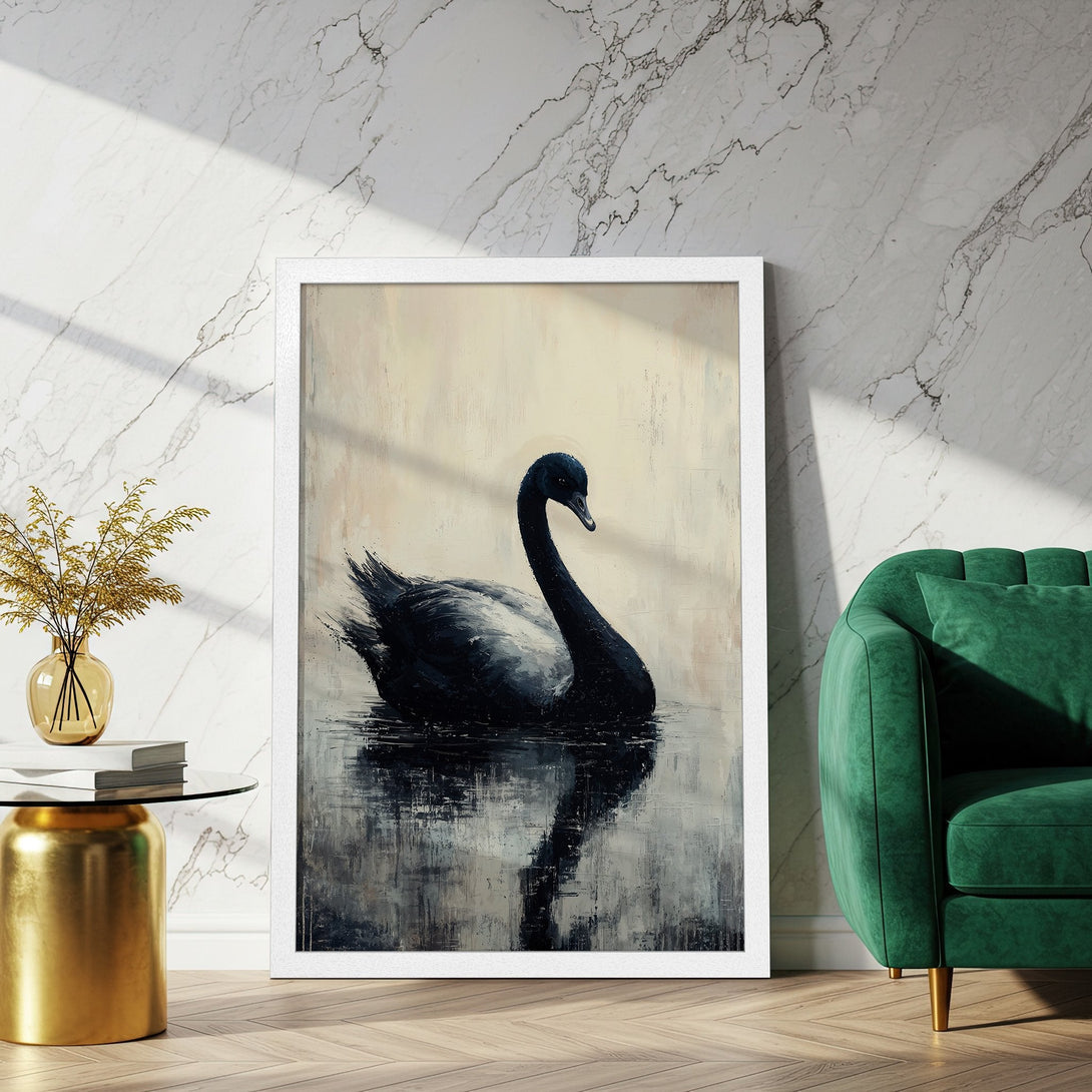 Framed Poster of a black swan in an abstract style, featuring a neutral and dark color palette. Perfect wall art for any room!