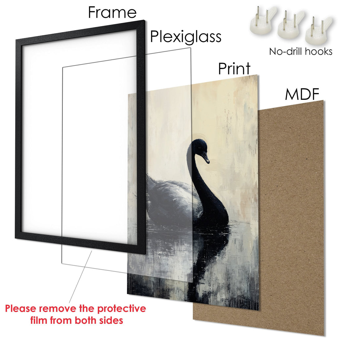 Framed Poster featuring a black swan in an abstract style with a neutral color palette. Perfect wall art for any space.