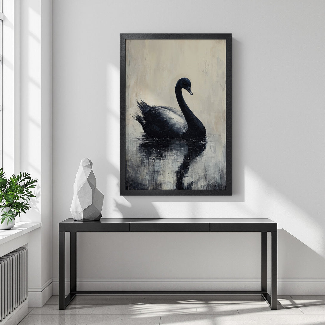 Framed Poster featuring a black swan in a serene, abstract style. Neutral color palette adds elegance to any space.