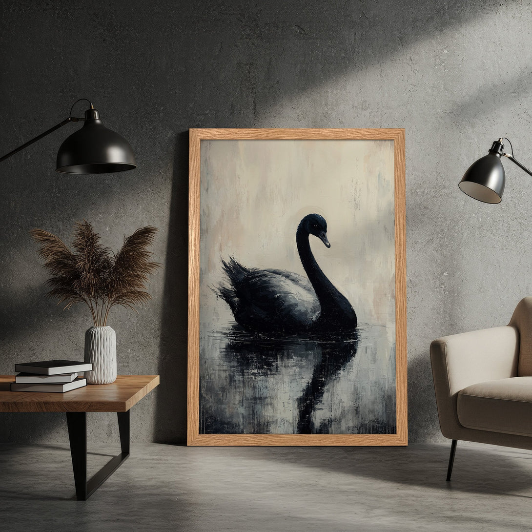 Framed Poster featuring a black swan in an abstract style, with a neutral color palette. Perfect wall art!