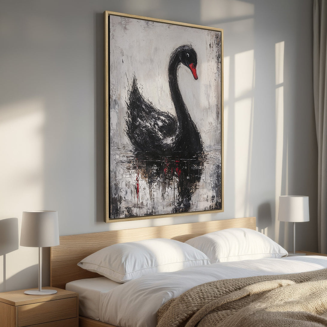 Framed Wall Art: Abstract black swan painting with a red beak. Modern art in a bedroom. Black, white, and gold color palette.