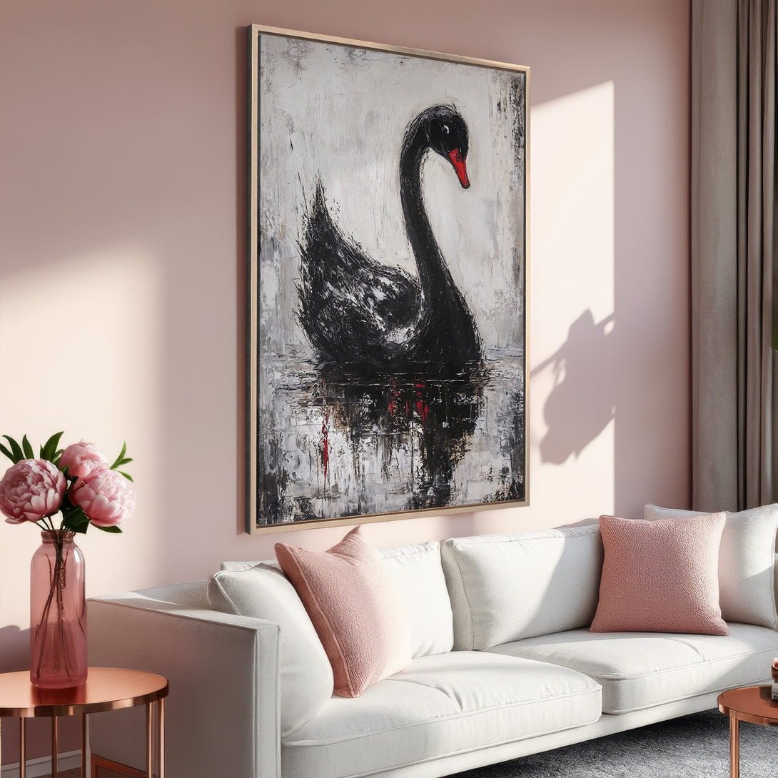 Framed Wall Art: Abstract black swan painting in a modern interior. Features a neutral color palette with pink accents. Elevate your space with art!