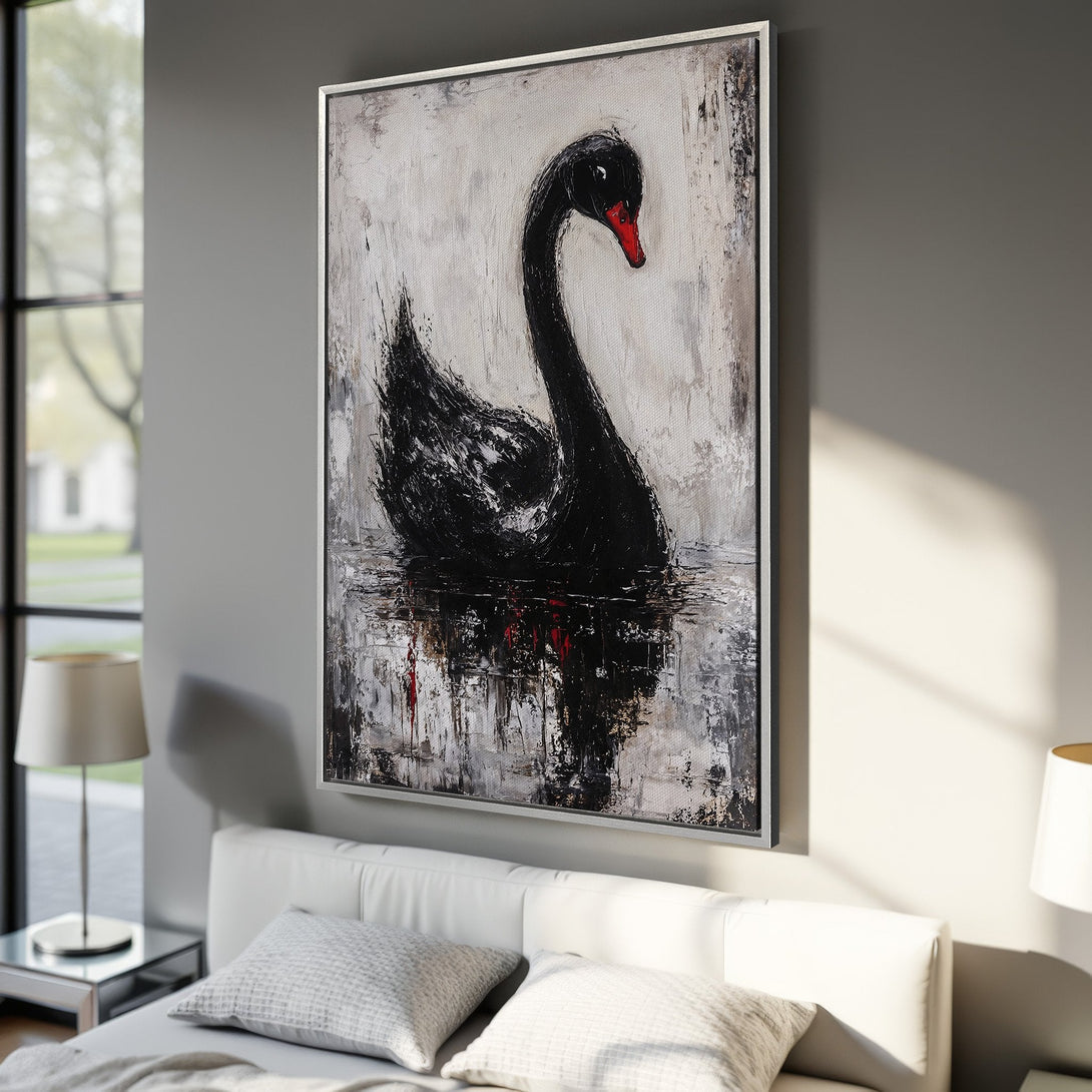 Framed Wall Art: Abstract black swan painting with red accents. Modern art in a neutral palette, perfect for bedroom decor. Canvas Print available.