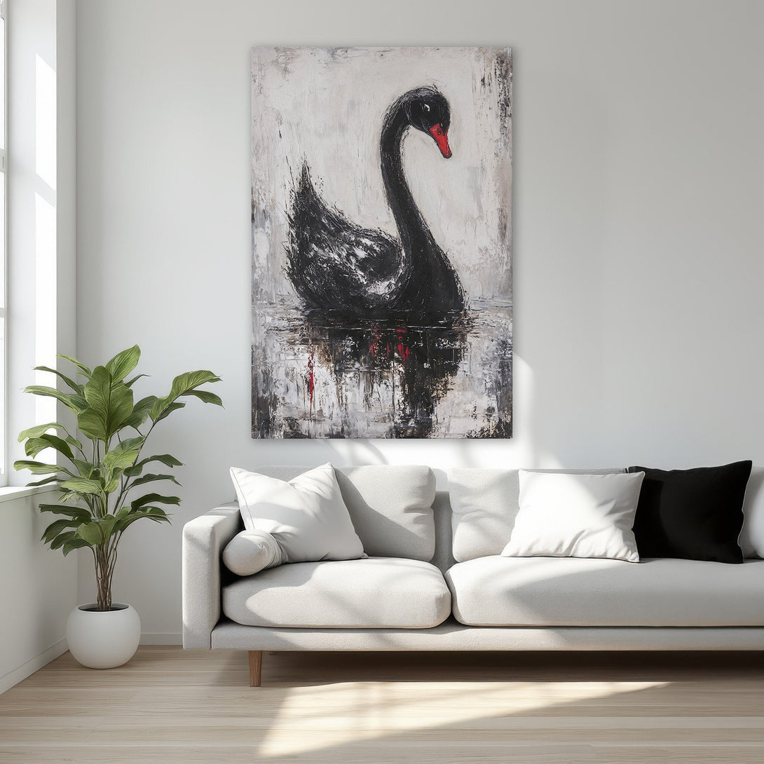 Framed Wall Art: Abstract black swan painting with red accents. Modern art in a neutral, elegant bedroom setting. Black, white, and gold color palette.