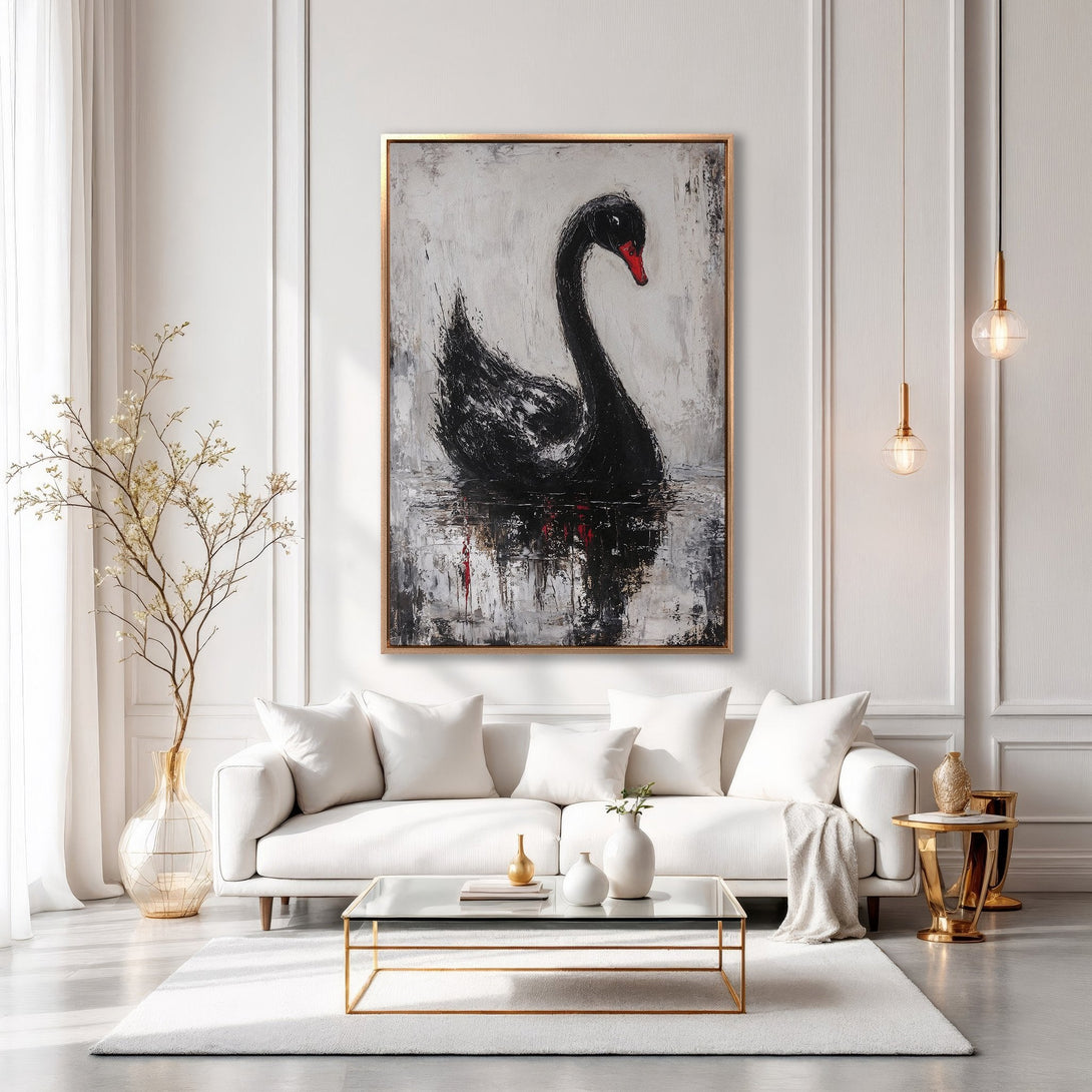 Framed Wall Art: Elegant black swan painting in a modern interior. Abstract style with a striking black, white, and red color palette. Elevate your space!