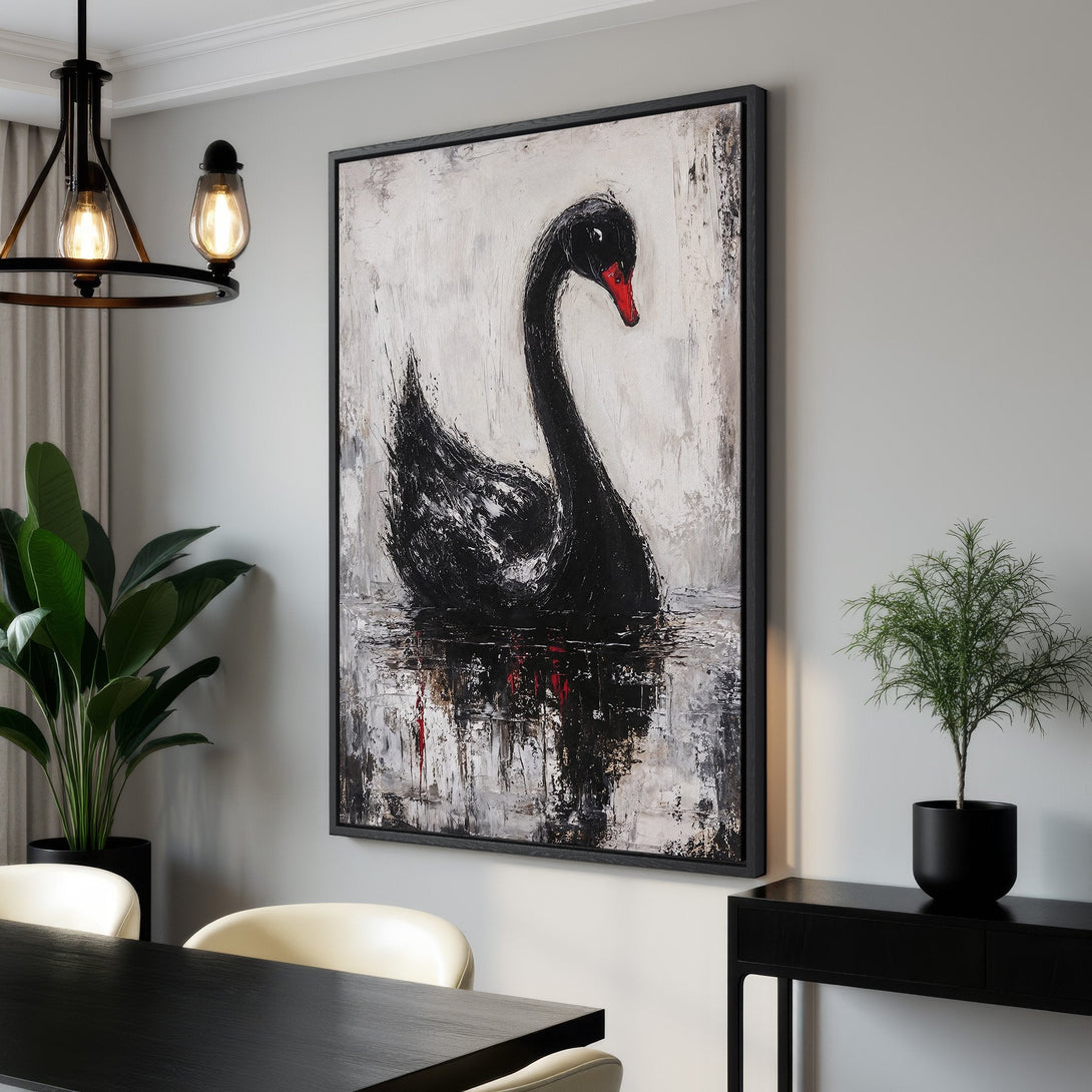 Framed Wall Art: Abstract black swan painting with a striking red beak. Modern art in a black, white, and grey palette. Perfect for contemporary home decor.