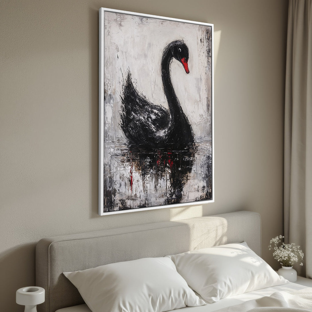 Framed Wall Art: Black swan painting in a modern style with a neutral color palette. Enhance your bedroom decor with this elegant canvas print.