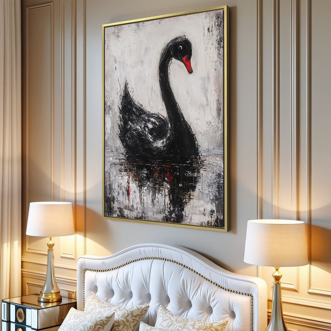 Canvas Print of a black swan painting in a modern interior. Abstract style with a monochrome palette and a pop of red.