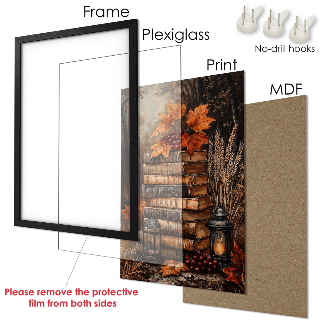 Framed Poster featuring a stack of books and autumn leaves, warm color palette and a black frame. Perfect wall art for cozy spaces.