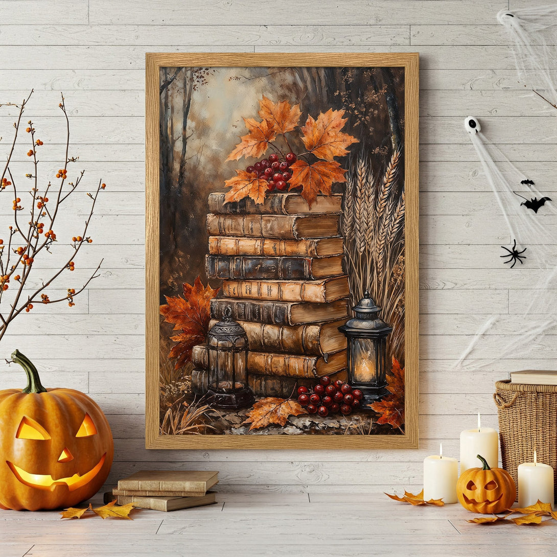 Framed Poster featuring a stack of books, autumn leaves, and lanterns in a warm, vintage style with a brown and orange palette.