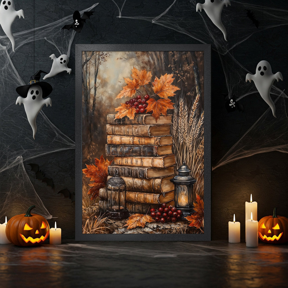 Framed Poster featuring a stack of books with autumn leaves, warm color palette, perfect for Halloween decor.