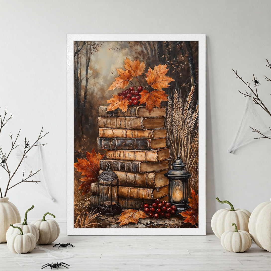 Framed Poster featuring a stack of books with autumn leaves, warm color palette, perfect for fall decor.